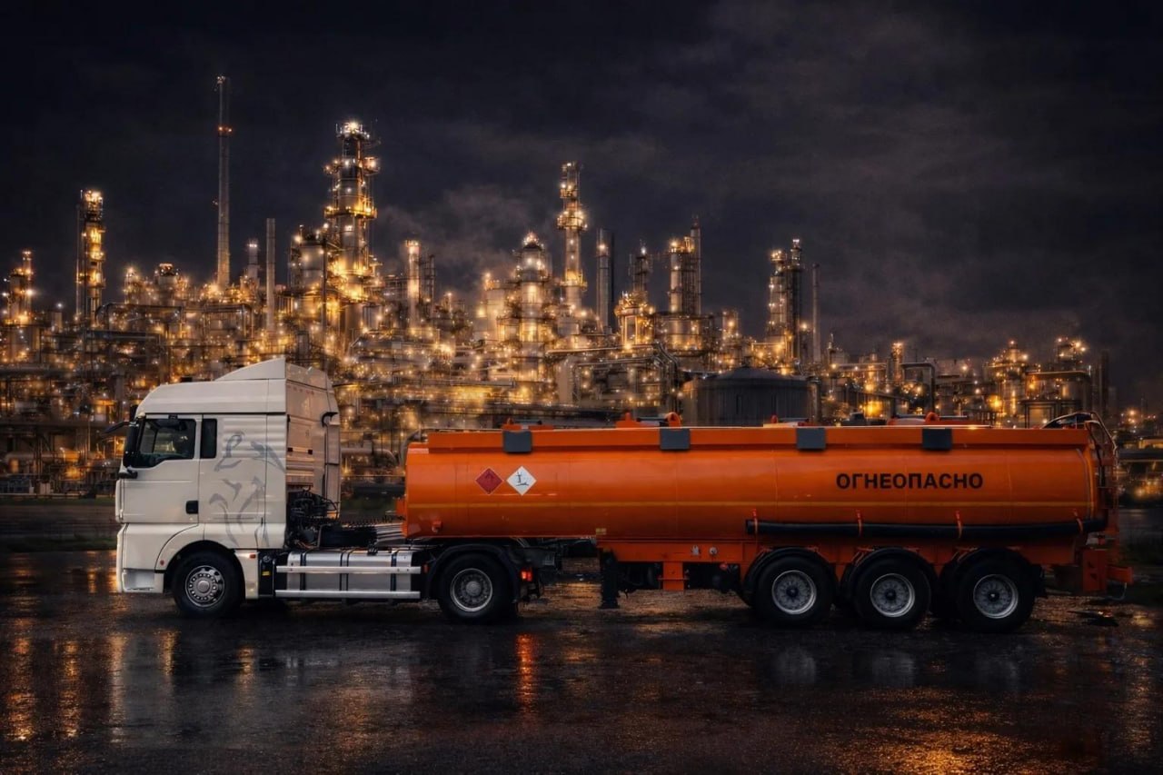 Бензовоз на фоне нефтеперерабатывающего комплекса